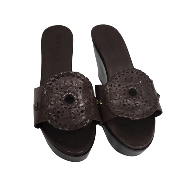 Jack Roger Brown Leather Wood Wedge Sandals‎ Size 9M - Picture 1 of 12